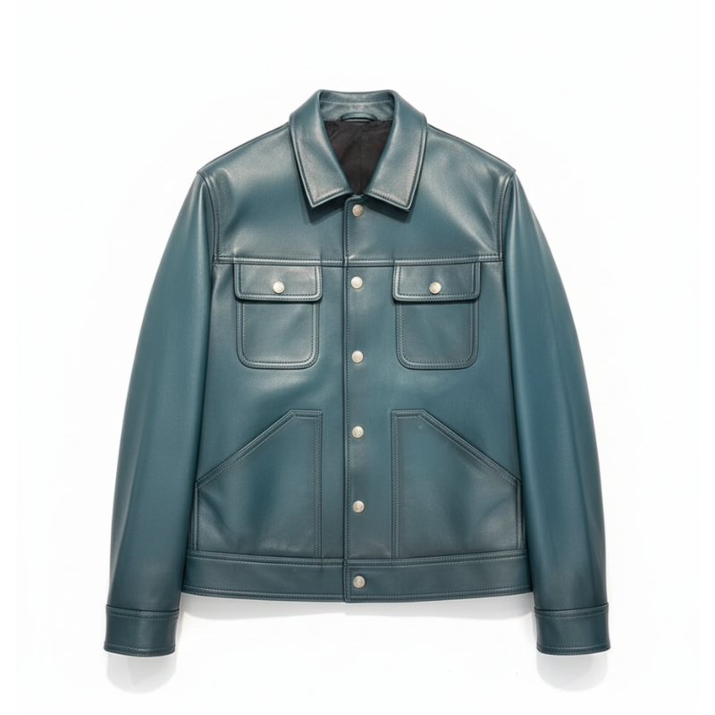 Teal Classic Leather Trucker Jacket
