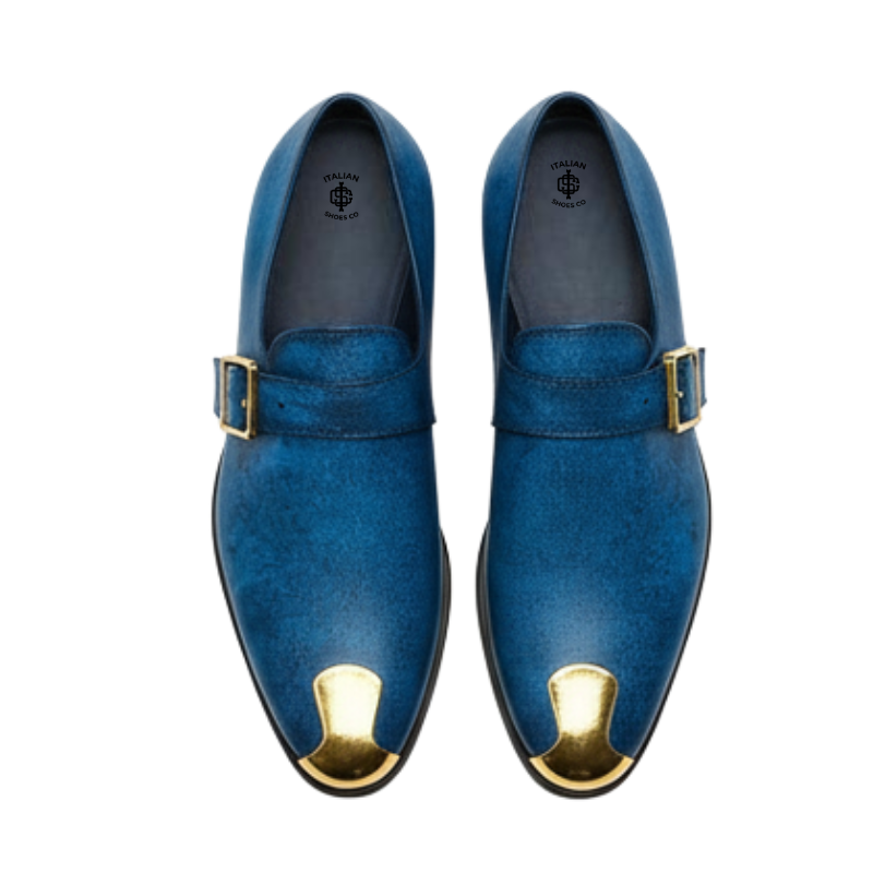 Luxury Oceanic Blue Leather Buckle Loafers With Golden Toe