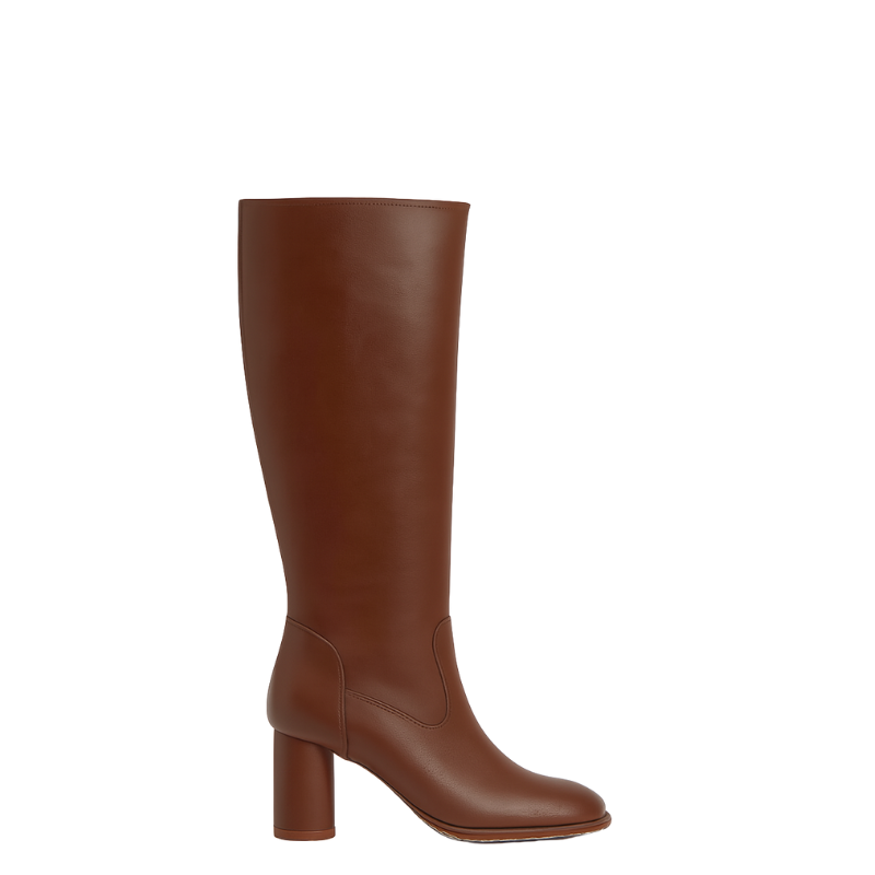 Women's Leather Brown Solid Block Heel Long Boots