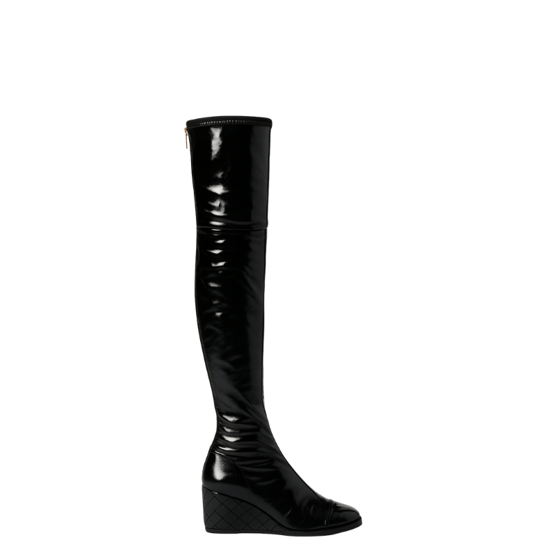 Women's Leather Black Luxury Over the Knee High Boots with Wedge Heel