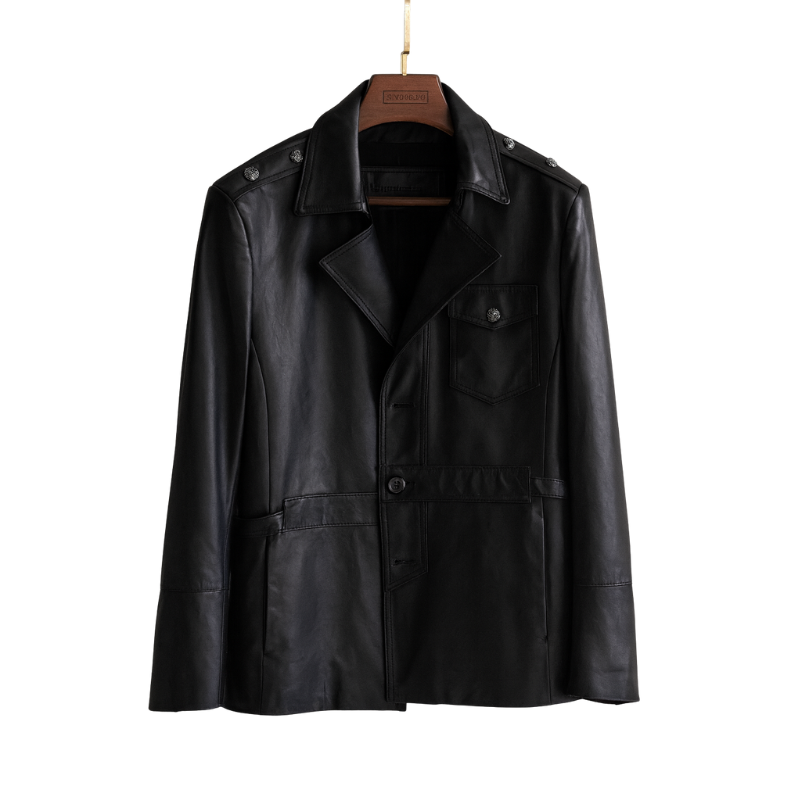 Classic Leather Black Double-pocket Leather Coat