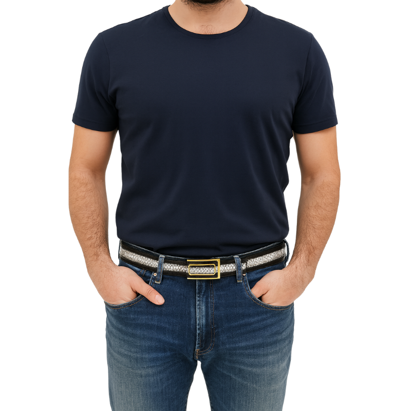 Dual Shade Strap Leather Belt with Golden Regal Frame Buckle