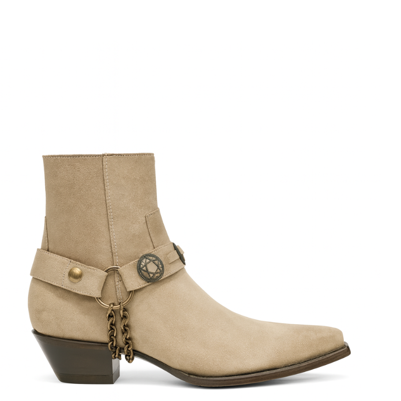 Luxury Textured Leather Beige Side-Zipper Boots with Metal Chain