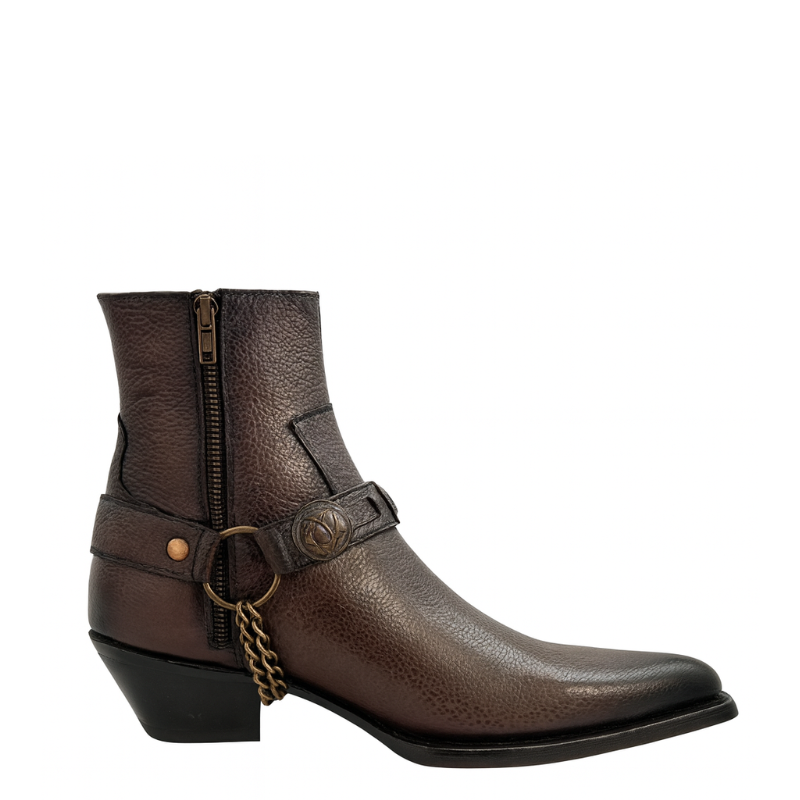 Luxury Textured Leather Dark Brown Side-Zip Boots with Metal Chain