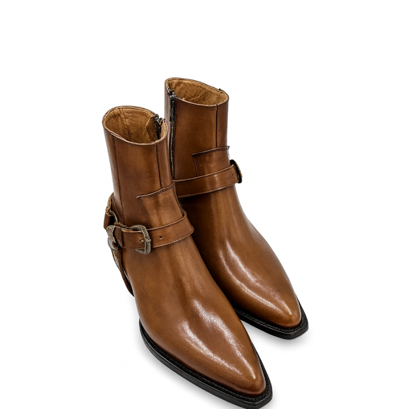 Luxury Leather Brown Boot With Engraved Metal Buckle Strap