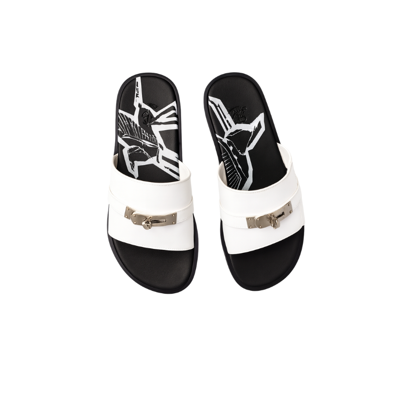 Men's  Leather White Slip-on Casual Slider