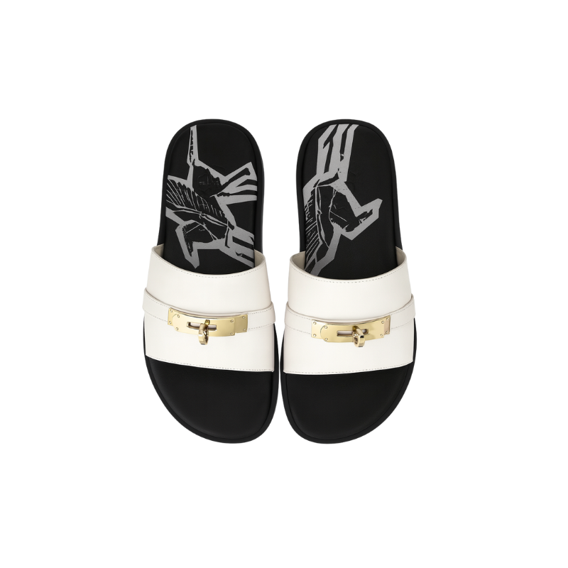 Men's  Leather Off-white Slip-on Casual Slider