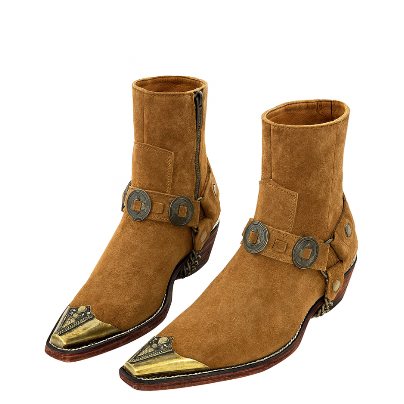 Luxury Suede Textured Leather Dark Tan With Golden Metal Toe