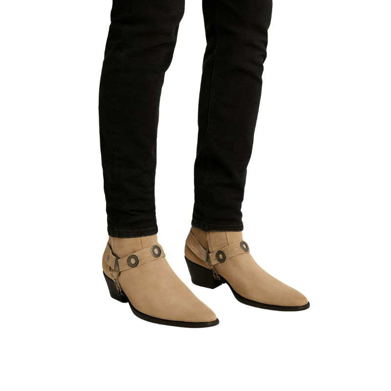 Luxury Textured Leather Beige Side-Zipper Boots with Metal Chain