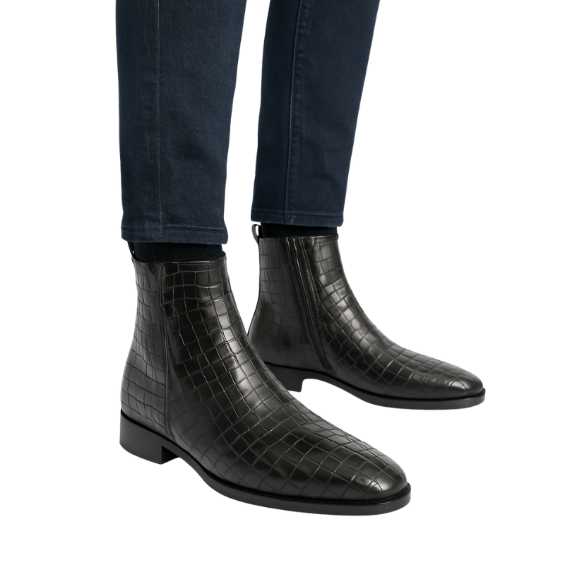 Men's Croco-Textured Leather Chelsea Boots with Side Zipper