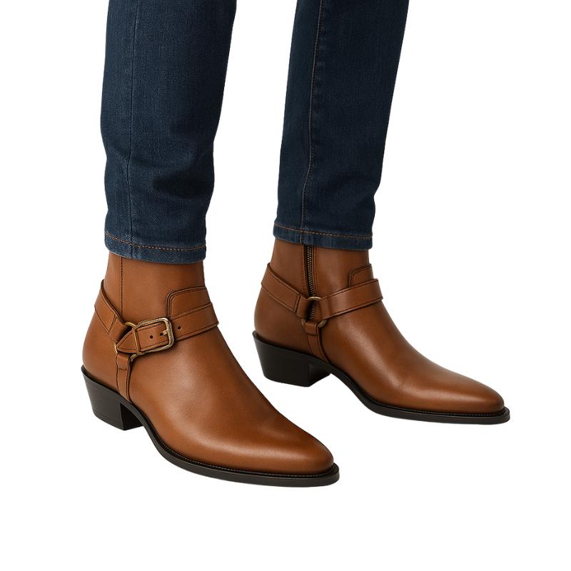 Luxury Leather Brown Boot With Engraved Metal Buckle Strap