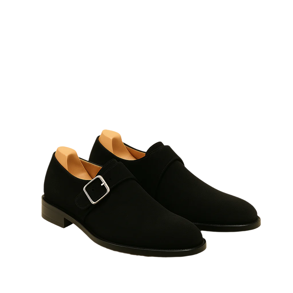 Men's Black Handcrafted Suede Single-Strap Monk Shoe