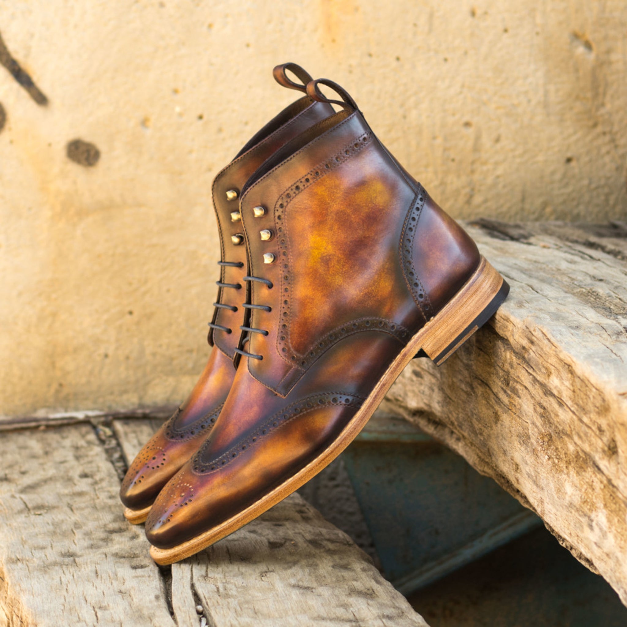 Brown Patina Leather Brogue Boots - Main Image
