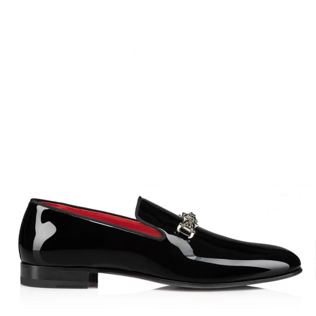 Italain Black Leather Loafers with Metallic Ornament