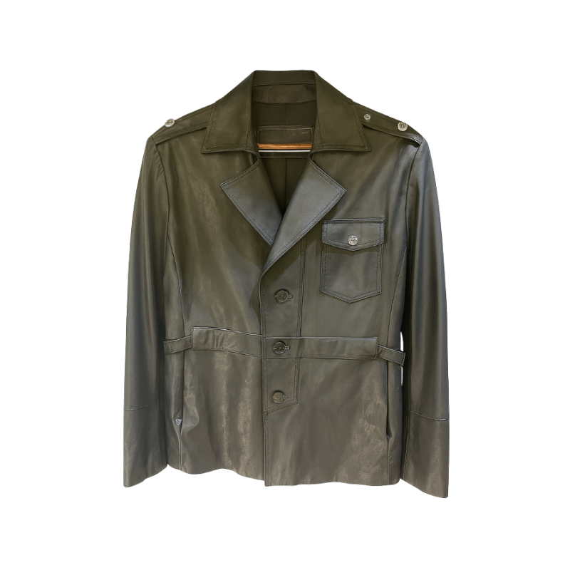 Classic Leather Green Double-pocket Leather Coat