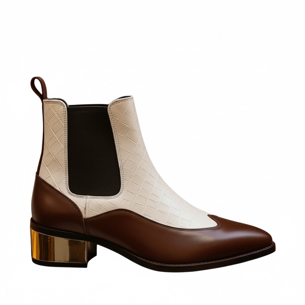 Luxury Brown & White Dual-Tone Croco Leather Chelsea Boots with Metallic Gold Heel