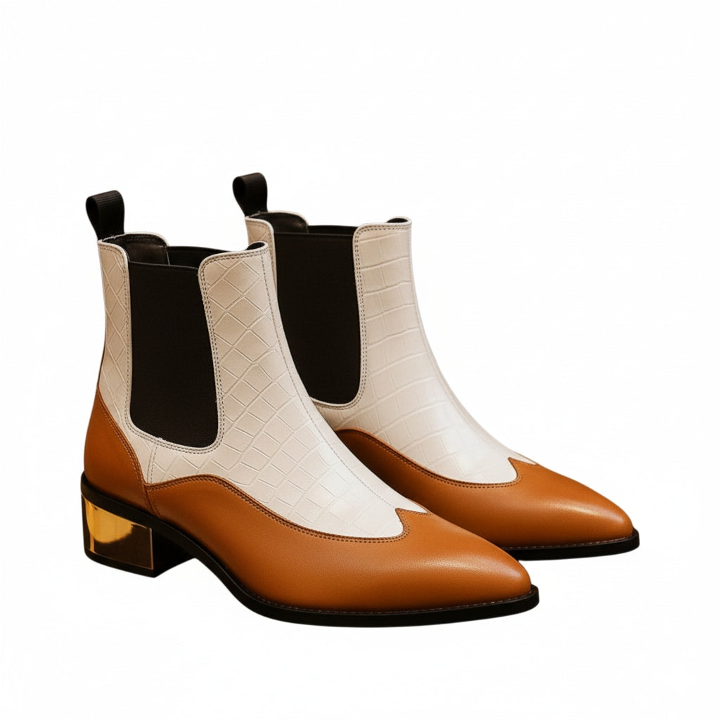 Luxury Tan & White Dual-Tone Croco Leather Chelsea Boots with Metallic Gold Heel