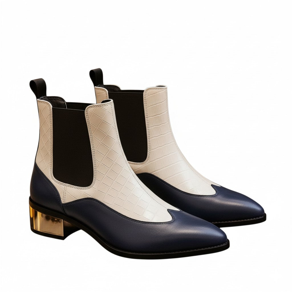 Luxury Blue & White Dual-Tone Croco Leather Chelsea Boots with Metallic Gold Heel