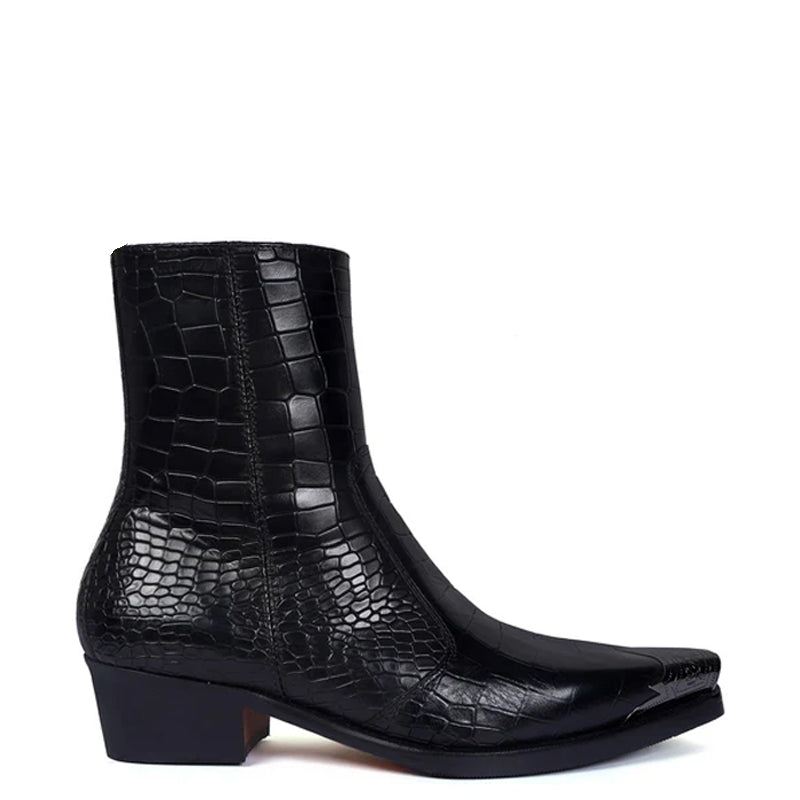 Luxury Croco Print Leather Side-Zipper Boot Black