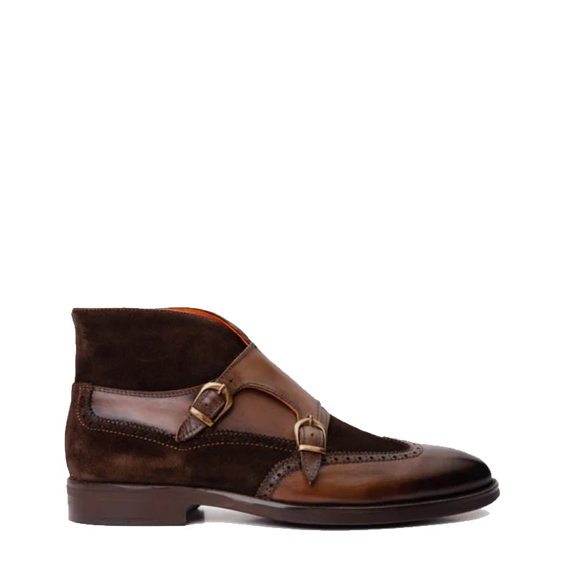 Dark Brown Suede Leather Double Strap Monk Brogue Men Boot