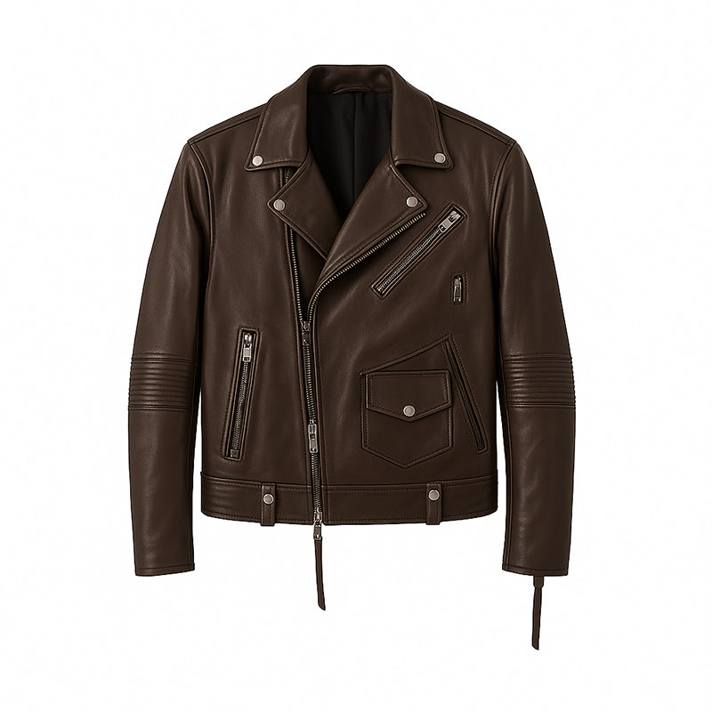 Men's Brown Leather Biker Jacket with Zippers