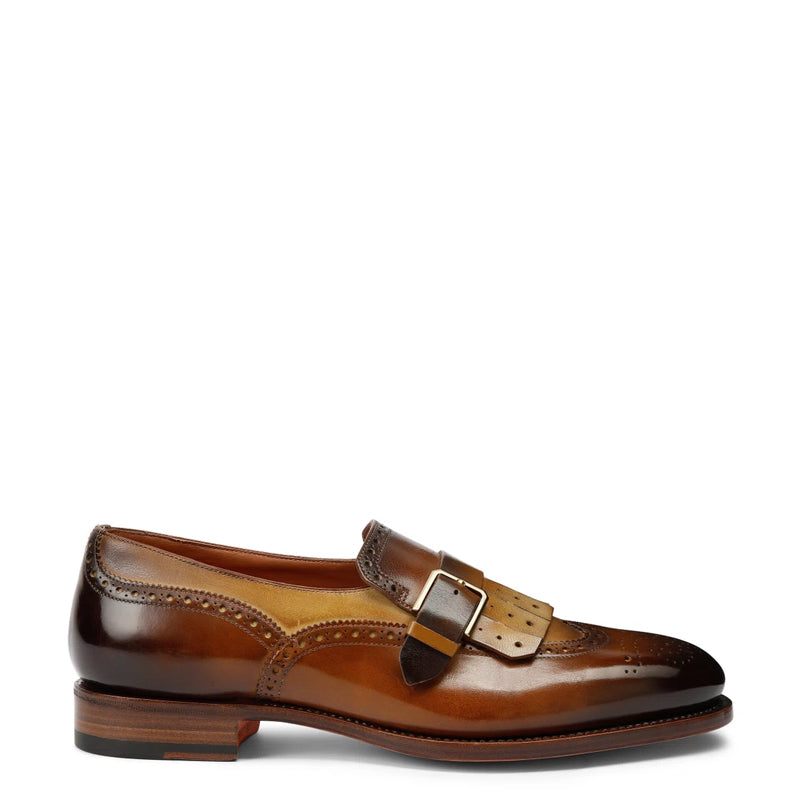 Handmade Leather Single Buckle Tan Loafer  With Fringe