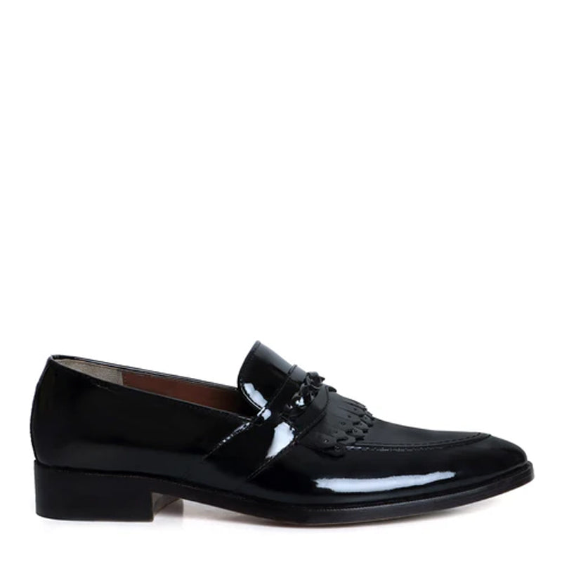 Patent Shiny Leather Black Loafer With Fringe