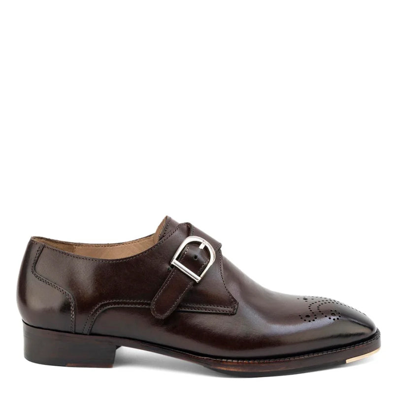 Glossed Square Toe Leather Single Monk Strap Shoe Brown