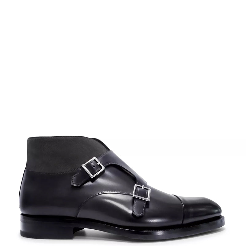 Patina Handmade Leather Double Monk Ankle Boot Black