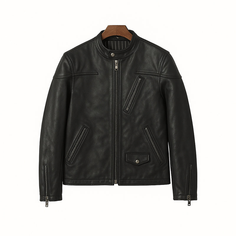 Men’s Zip-Up Vintage Black Biker Jacket with Stand Collar & Pockets