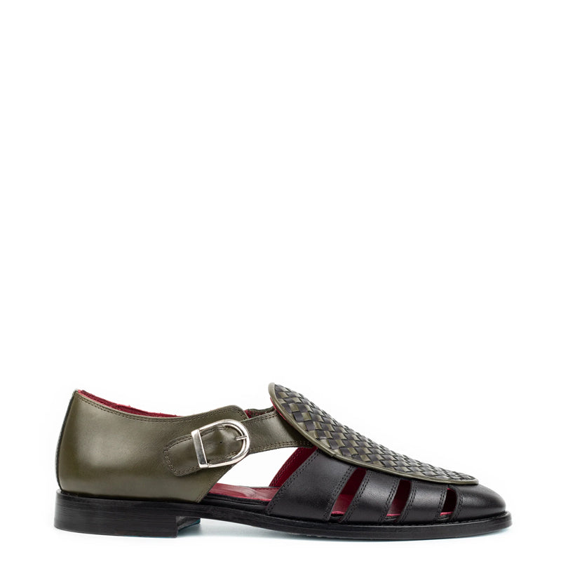 Men Green/Black Textured Leather Peshawari Comfort Sandals