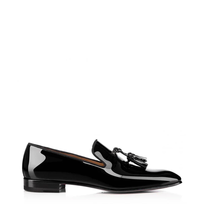 Patent Black Leather Round Toe Loafers in Tassel Detailing