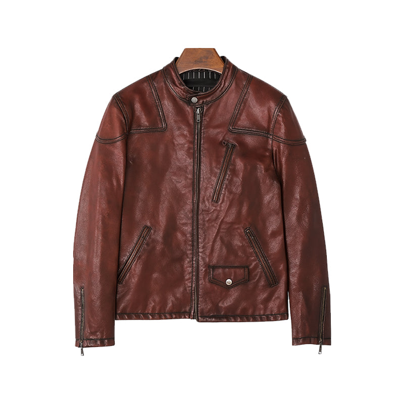 Men’s Zip-Up Vintage Burgundy Biker Jacket with Stand Collar & Pockets