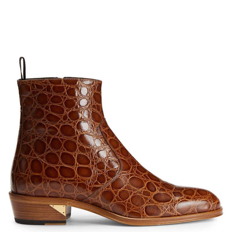 Croco Print Leather Chelsea High Ankle Brown Boot