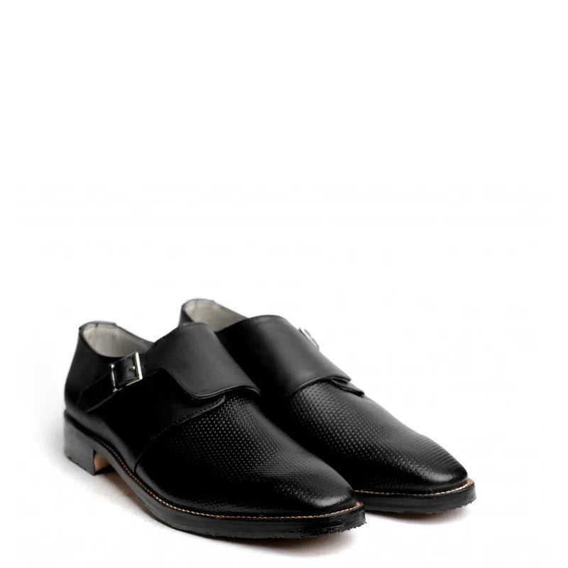Men Textured Leather Black Single Monk Strap Shoes