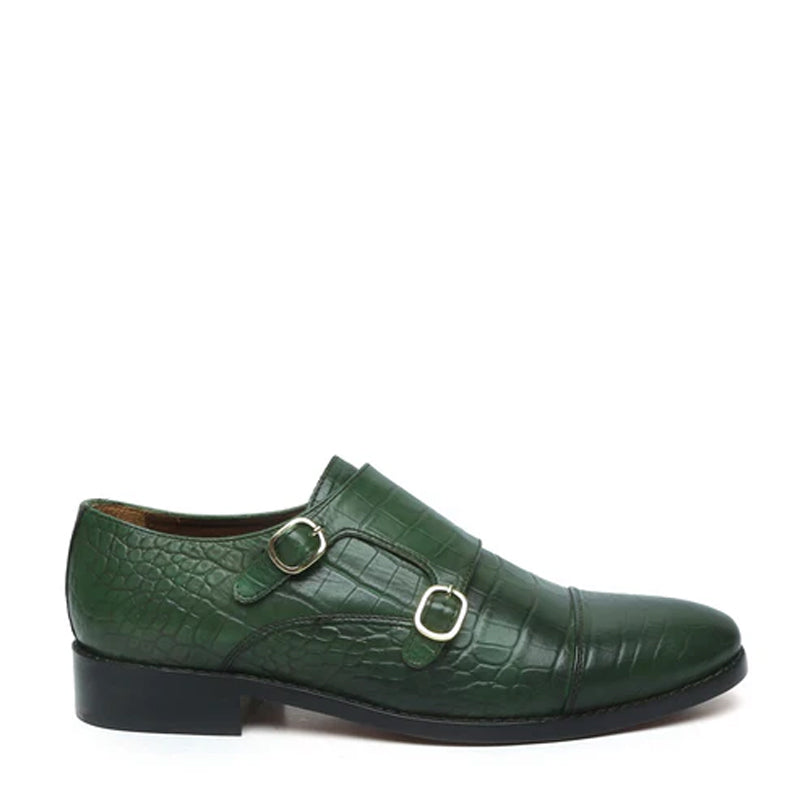 Croco Textured Leather Double Monk Green Shoe