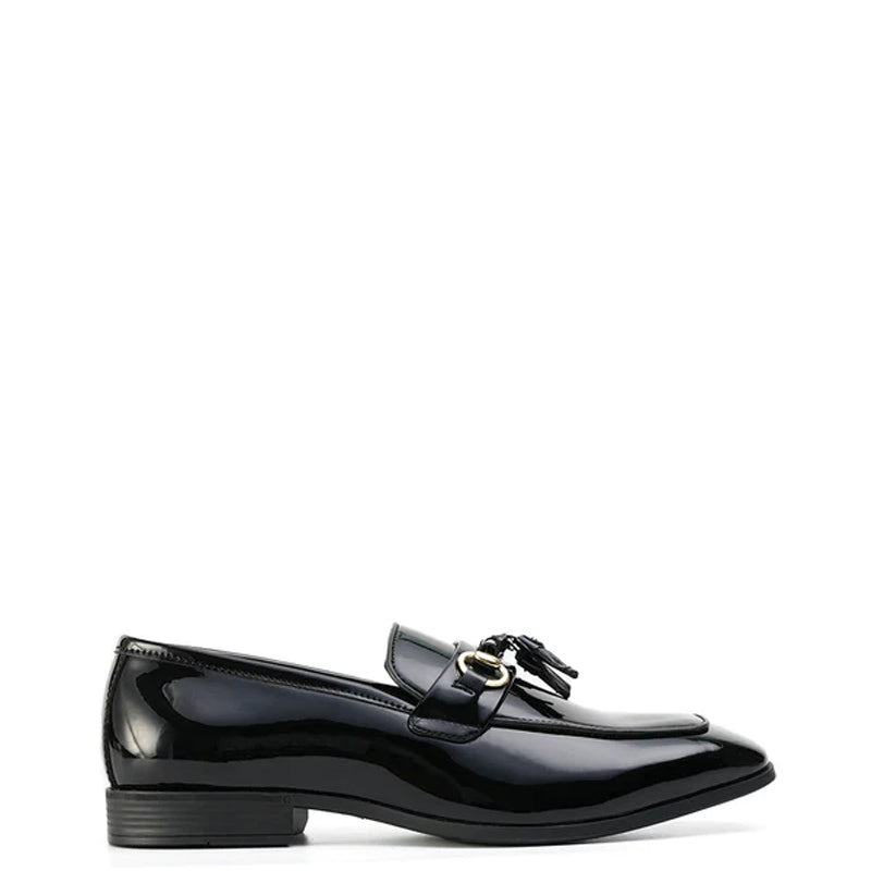 Patent Shiny Leather Horsebit Buckled Tassel Black Loafer