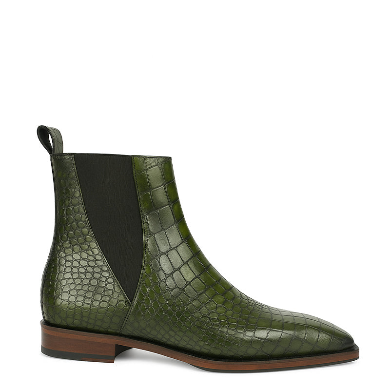 Men's Croco Leather Green Chelsea Boots