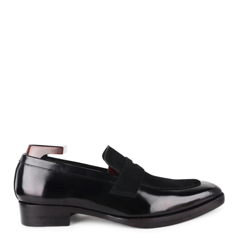 Suede Square Toe Shiny Leather Penny Loafer Black