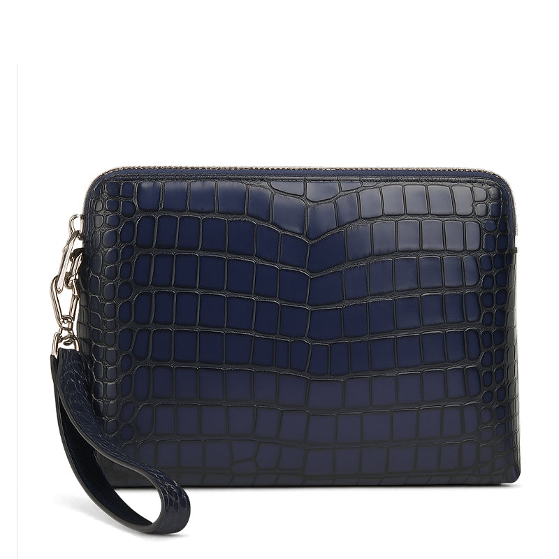 Italian Crocodile Leather Blue Zipper Clutch for Men