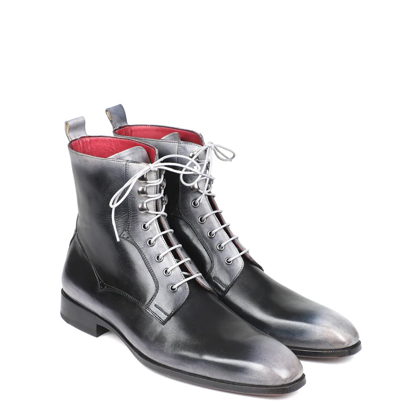 Premium Plain Toe Lace-Up Leather Ankle Boot Grey