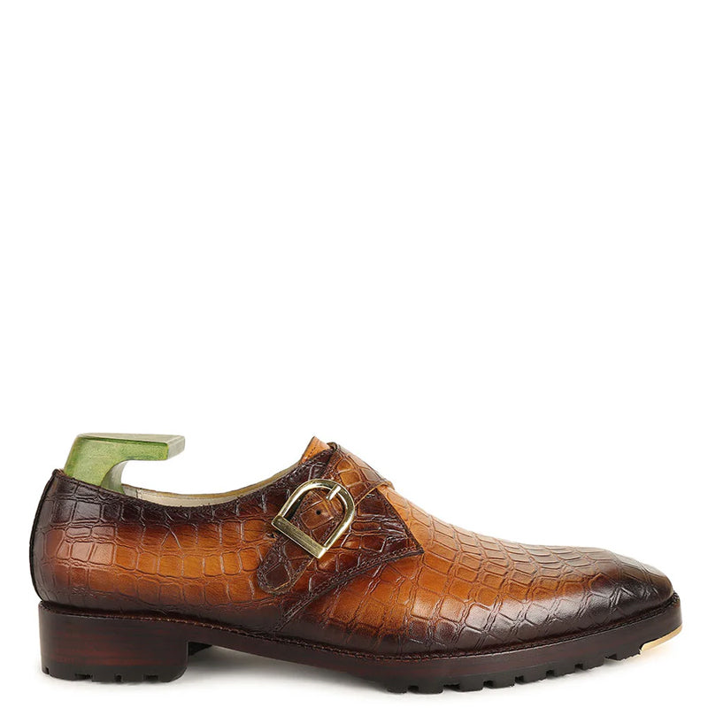 Handpainted Patina Croco Leather Single Monk Straps Shoe