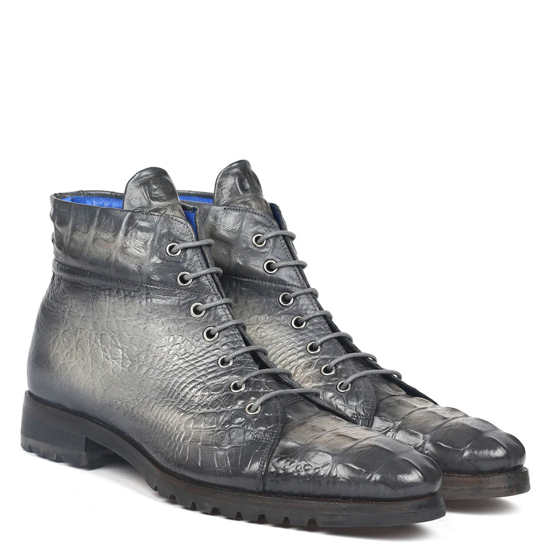 Hand-Painted Croco Print Leather Lace-Up Boot Burgundy