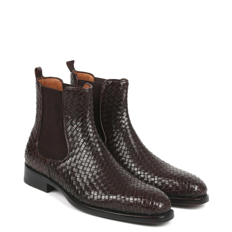 Woven Handmade Shiny Leather Chelsea Brown Boot