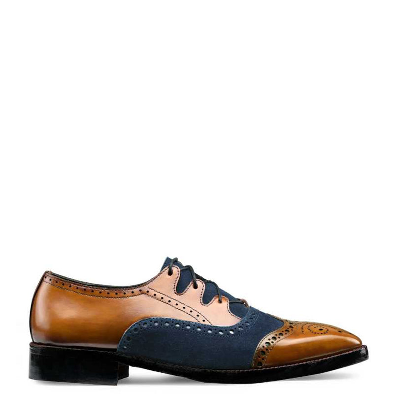 Criss Cross Wingtip Leather Oxford Shoe Tan & Navy