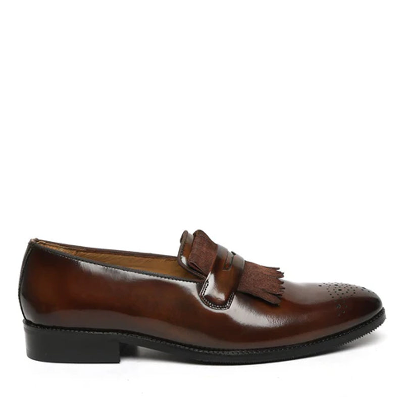 Patent Leather Slip-On Brown Shoe With Fringes