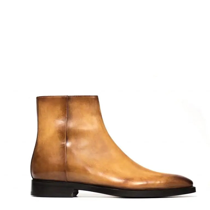 Classic Midnight Shiny Leather Side-Zipper Tan Boot