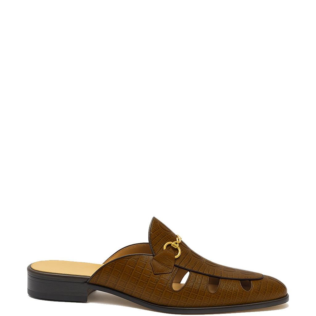 Embellished Textured Leather Mule Brown