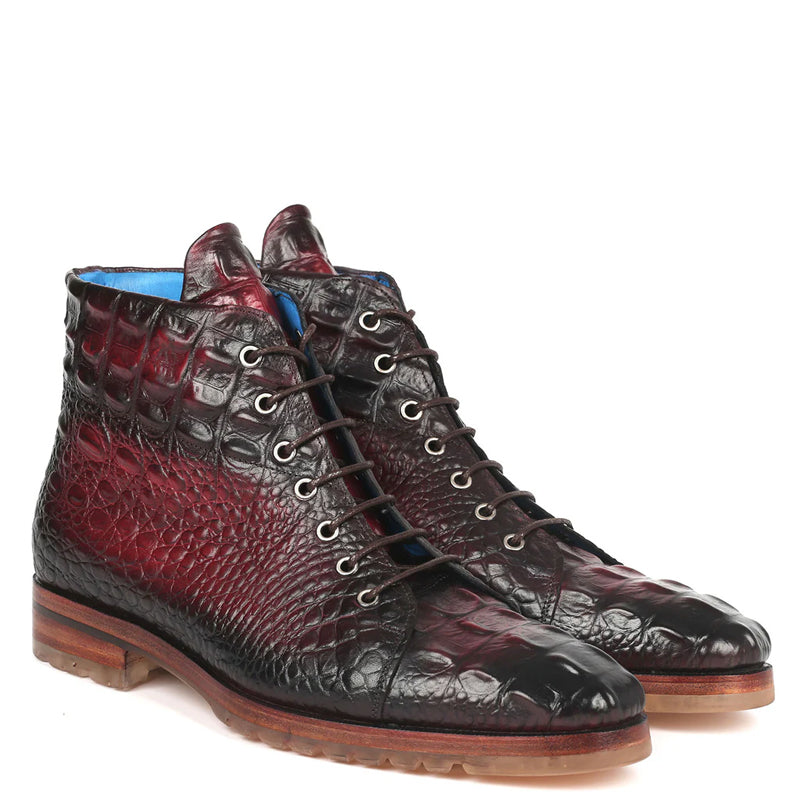 Hand-Painted Croco Print Leather Lace-Up Boot Burgundy