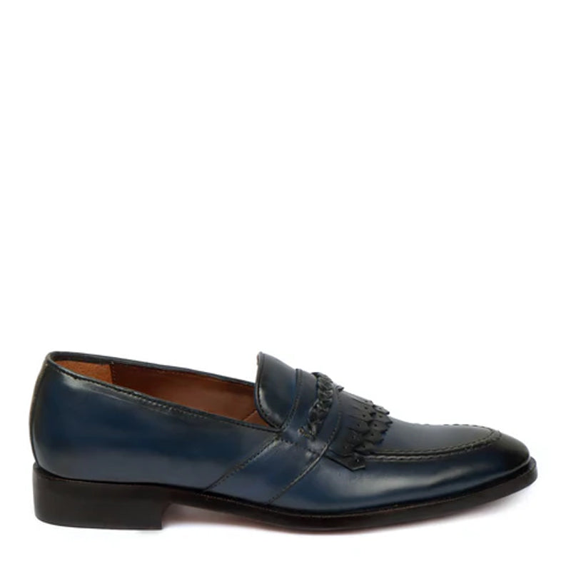 Patent Leather Slip-On Blue Loafer With Dual Fringes
